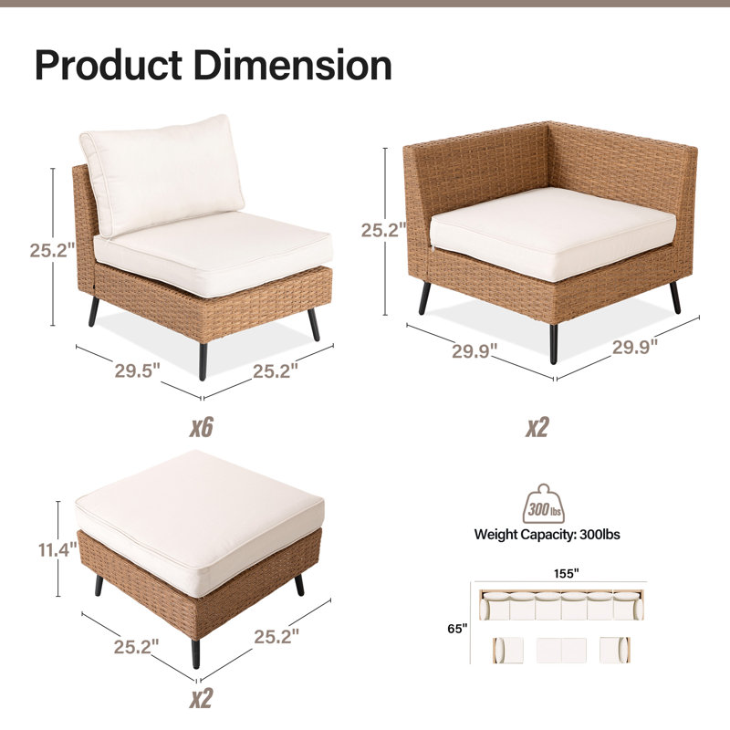 2 Person Outdoor Conversation Set with 1 Corner Wicker Sofa And 1 Ottoman , Beige/Brown