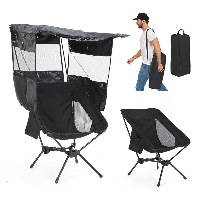 Low Profile Canopy Camping Chair with High Back, Folding Backpack Beach Chair with Shade, Carry Bag, Lightweight (Black, 1 Pack)