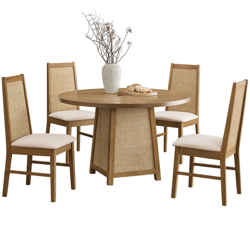 Solid Wood 47.2" Round 4-person Dining Set With Upholstered Chairs, 5 Pieces: Table, 4 Chairs