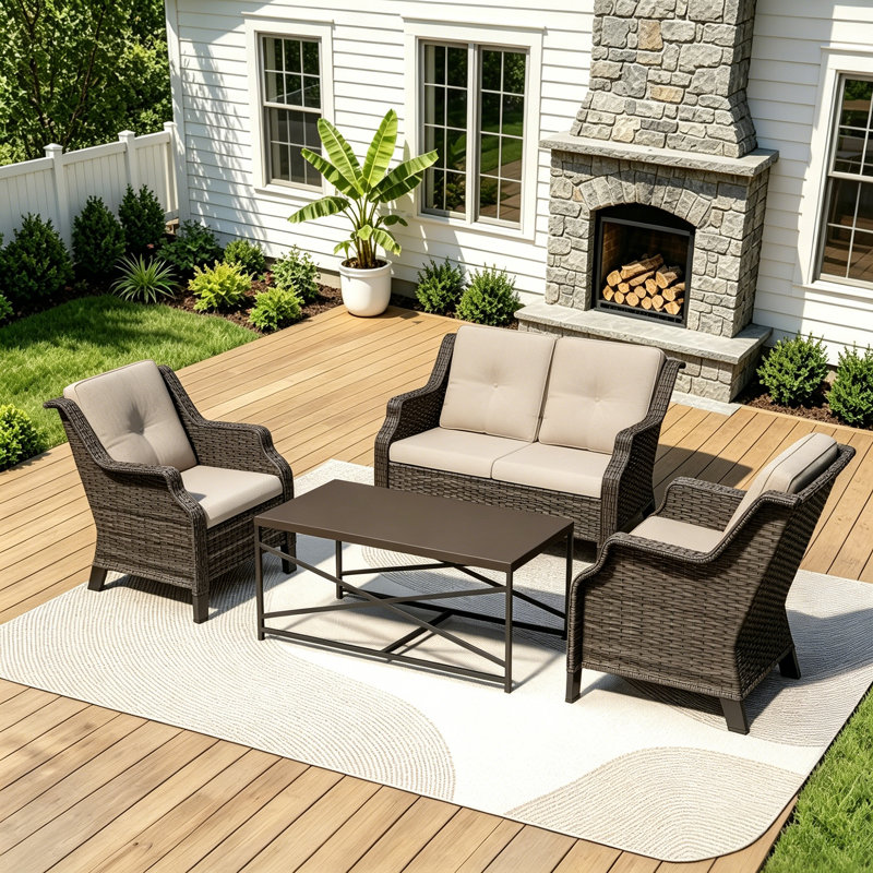 4-Pieces Wicker Outdoor Patio Furniture Sets Rattan Chair Wicker Set with Beige Cushion, Beige
