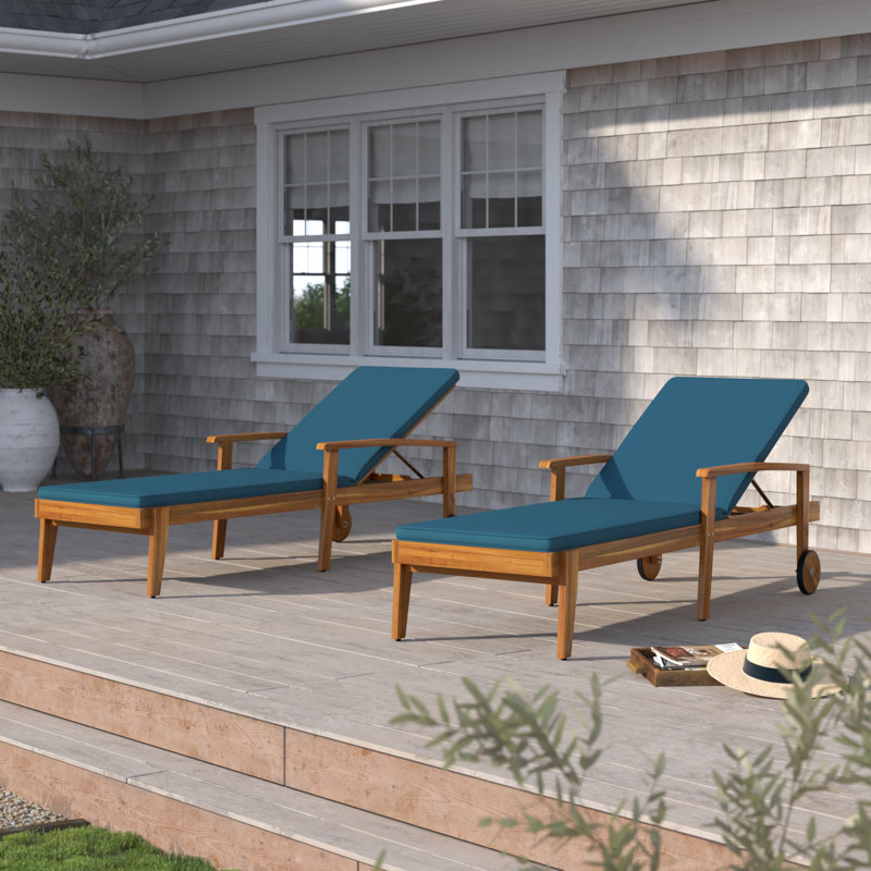 Saeon 78.75" Long Reclining Acacia Single Chaise with Cushions, Blue