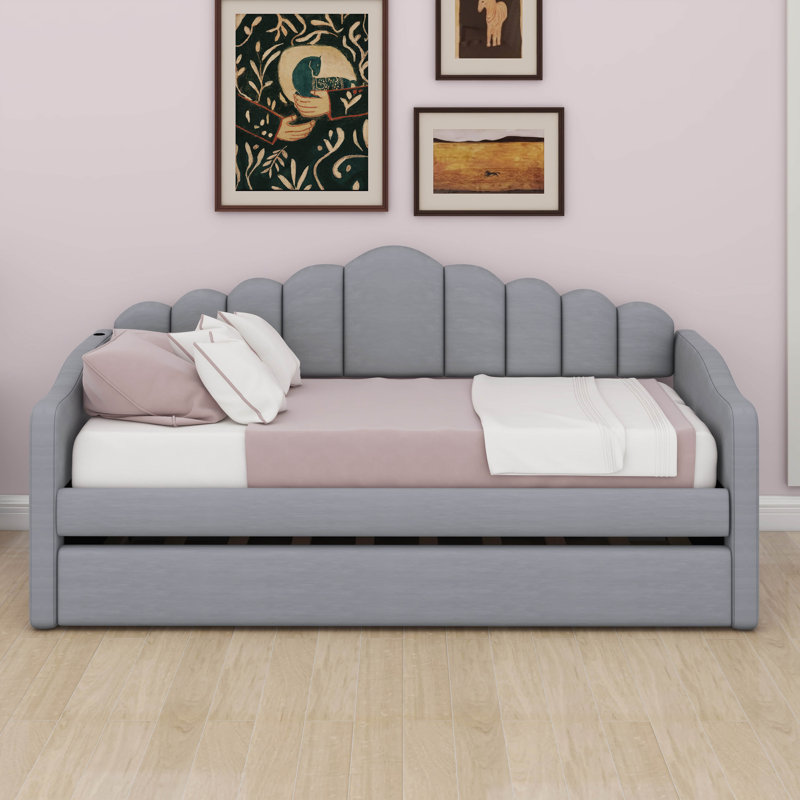 Twin Size Upholstered Daybed With Trundle,Velvet Sofabed With USB & Type-C Charging Ports, Side Storage Bag, No Box-Spring Needed