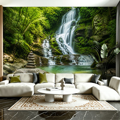 Peel and Stick Wallpaper Cascading Waterfalls Forest Waterfall Mossy Rocks Forest Trees Clear Wall Murals 100"H x 144"W Removable PVC Wall Paper Self-Adhesive Wall Decor for Bedroom Living Room Home Office