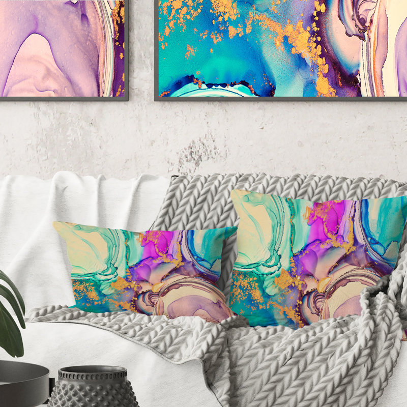Coussin décoratif abstrait mauve et turquoise - 12 po x 20 po