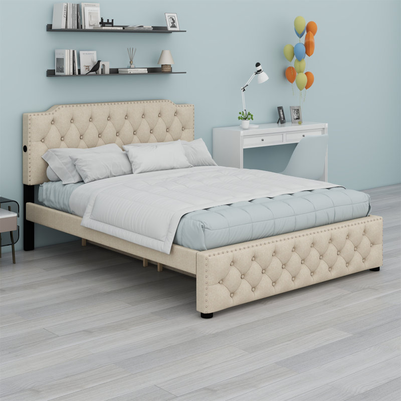 Lit plateforme tapissier avec lit gigogne et 2 ensembles de ports USB, Beige