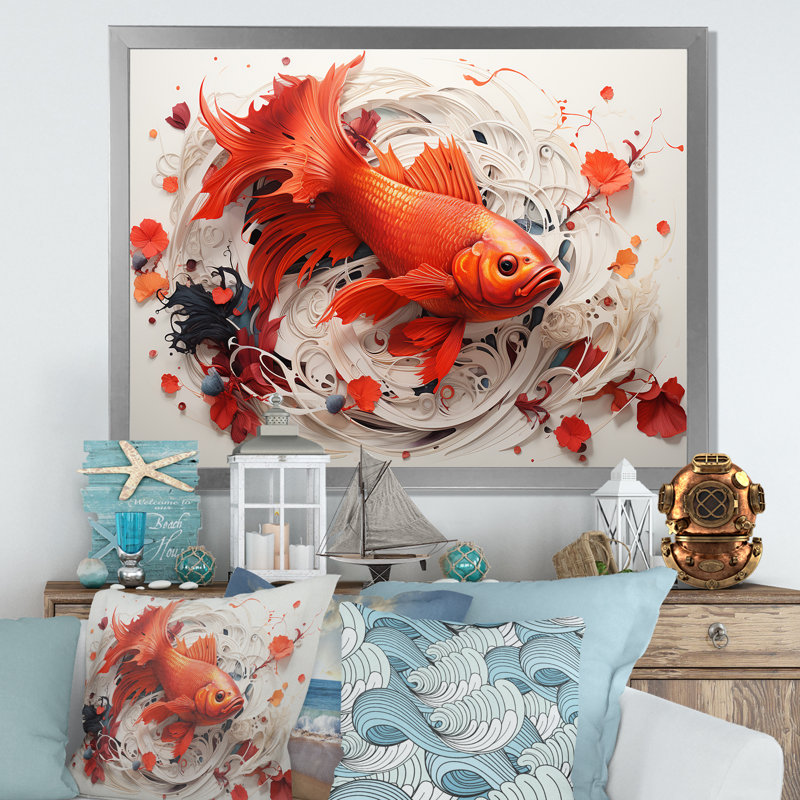 Kois rouge et gris nageant avec sérénité sur toile, Cadre simple argenté, H 24 po x l 32 po x P 1 po