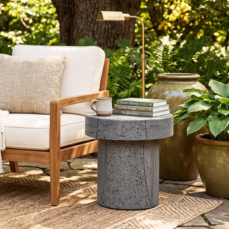 Round Side Table With Wood & Travertine Textured Finish