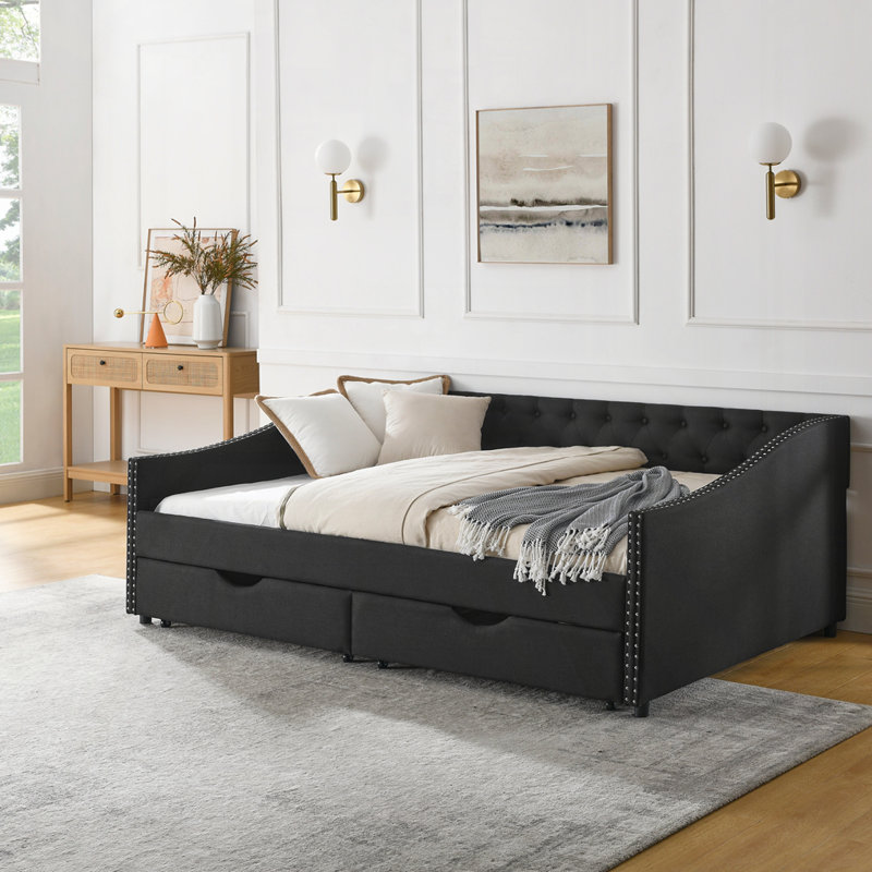 Upholstered Full Size Daybed with Drawers, Full/Double, Black