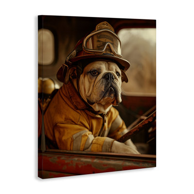 Rustic Bulldog Fireman Canvas Wall Art by Ray Heere