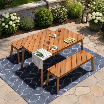 Ensemble de salle à manger 3 pièces en bois d'acacia pour l'extérieur et l'intérieur avec 2 bancs, table de pique-nique pour patio, porche, jardin, bord de piscine, naturel