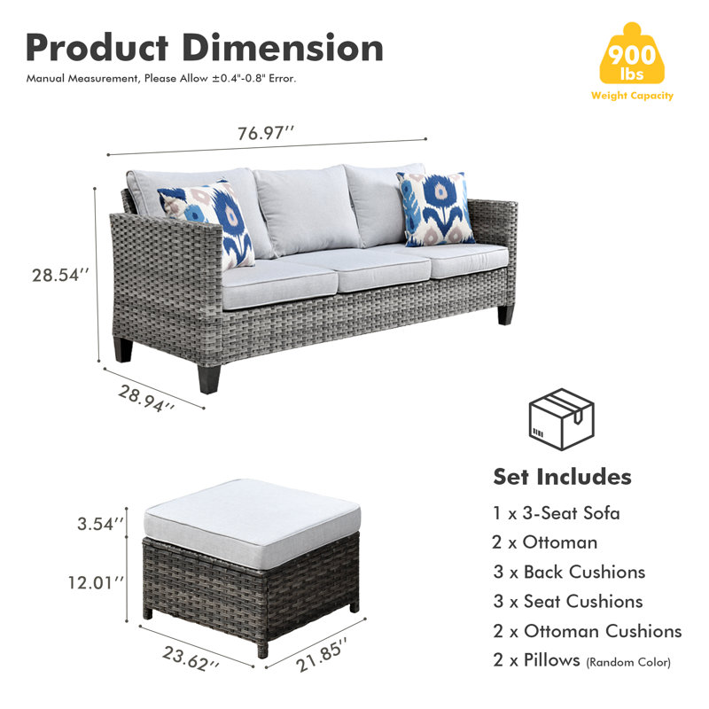 Canapé de patio extérieur en osier avec coussins de 76,77 po de large Harbin, Gris clair