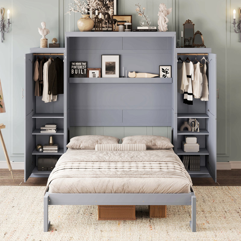 Grand lit escamotable, grand lit escamotable en bois avec 2 garde-robes et tablette de rangement, cadre de lit plateforme pliable multifonctionnel pour chambre d'amis, chambre à coucher