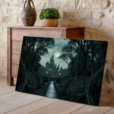 Canvas A Dark Atmospheric Scene Depicting A Gothic Castle Looming In Wall Art The Background Under A Full Moon Surrounded By Twisted Canvas Wall Art