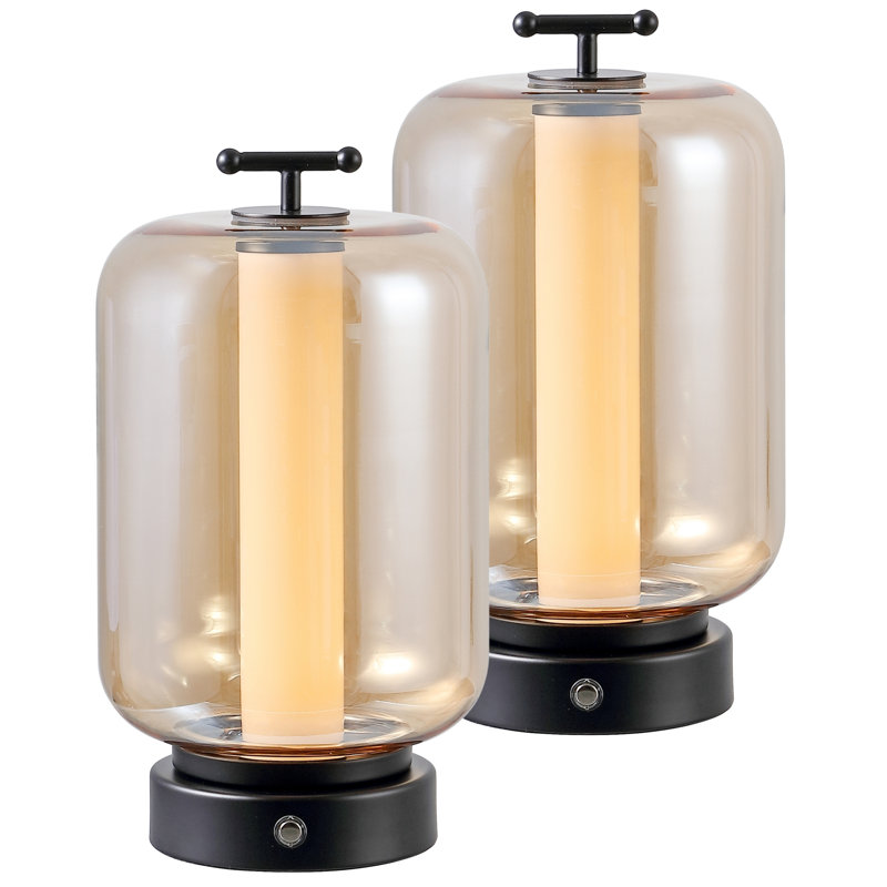 Milou 10.75" Vintage Glam Lantern Rechargeable/Cordless Dimmable Integrated LED Table Lamp with Touch Sensor, Black/Amber
