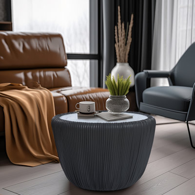19.7" Pleated Leather and Marble Tabletop Drum Round End Table