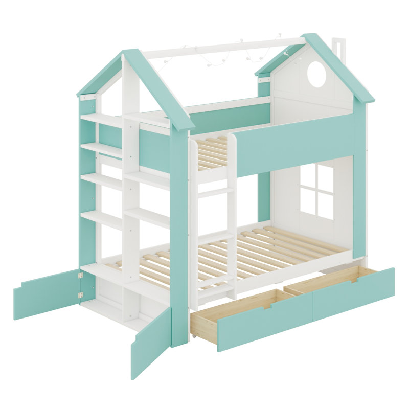 Lit superposé House avec tiroirs de rangement, tablettes et bande lumineuse, design moderne, Lit simple, Blanc et bleu