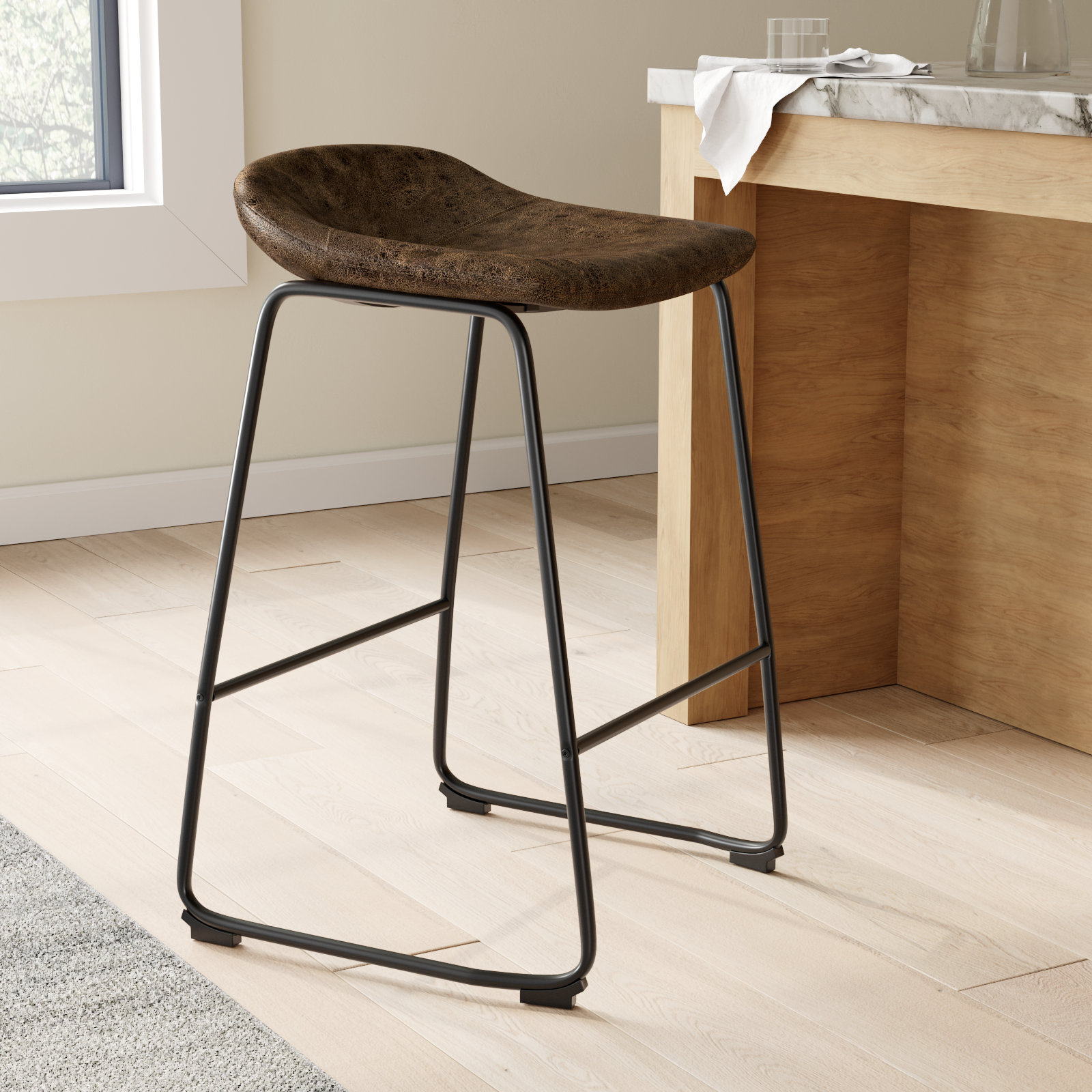 Rome Upholstered Counter Stool with Metal Frame, Rustic Brown, Bar Stool ( 29" Seat Height )