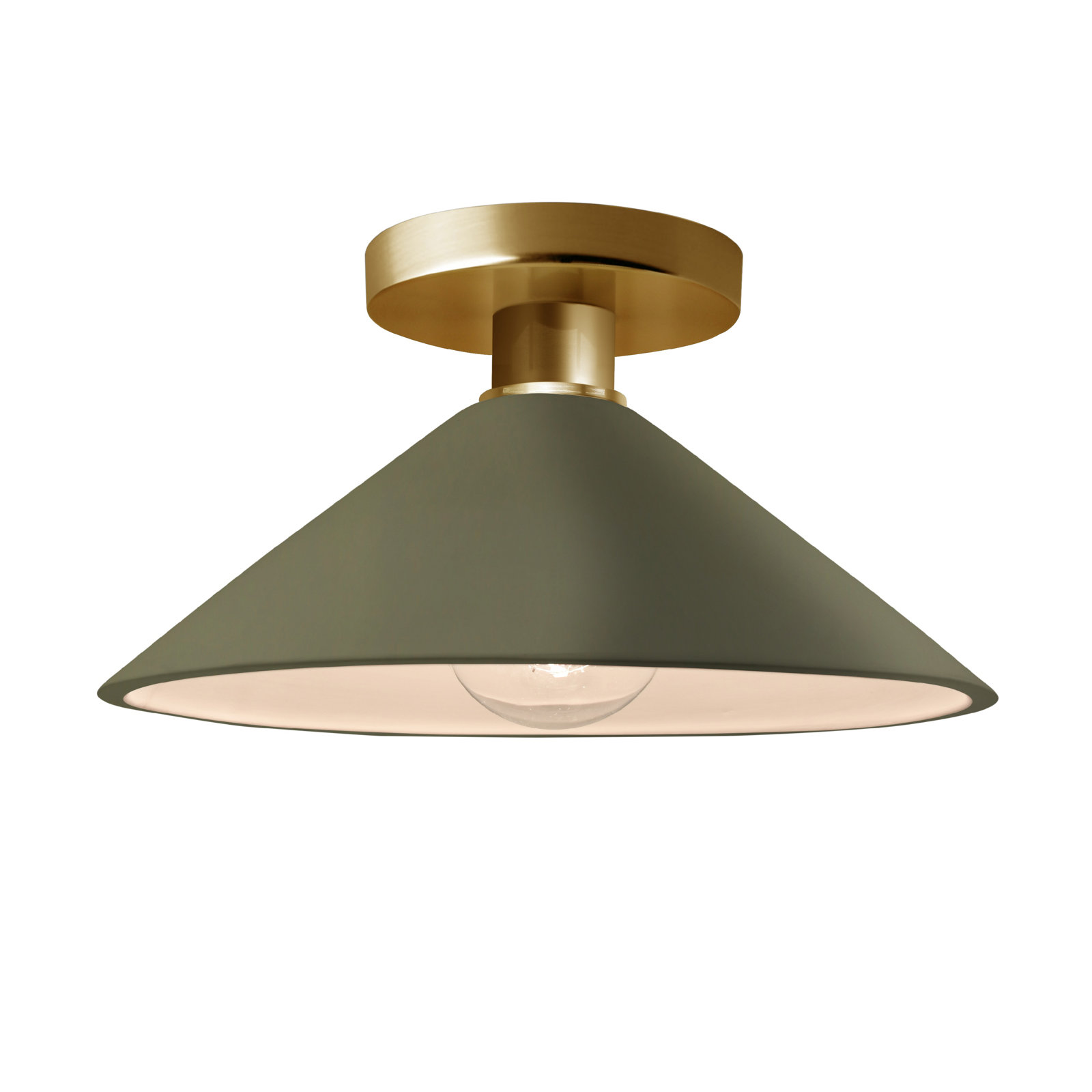 Single Light Ceramic Semi Flush Mount, Matte Green, Polished Brass, LED (Integrated)
