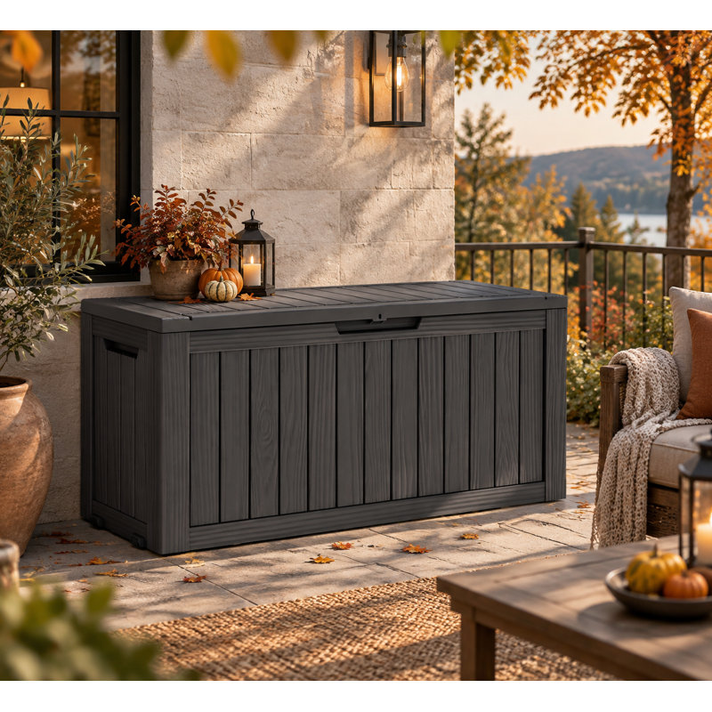 Emperic Design 90 Gallon Resin Outdoor Deck Box with Wheels, Waterproof Patio Storage Container for Cushions, Garden Tools, Pool Toys & Camping Gear