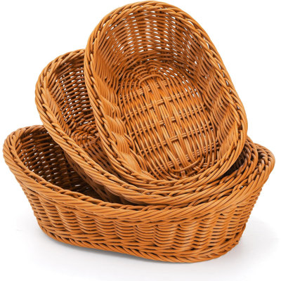 3 Pack Small Woven Breads Baskets, Oval Fruit Baskets Stackable Plastic Wicker Basket