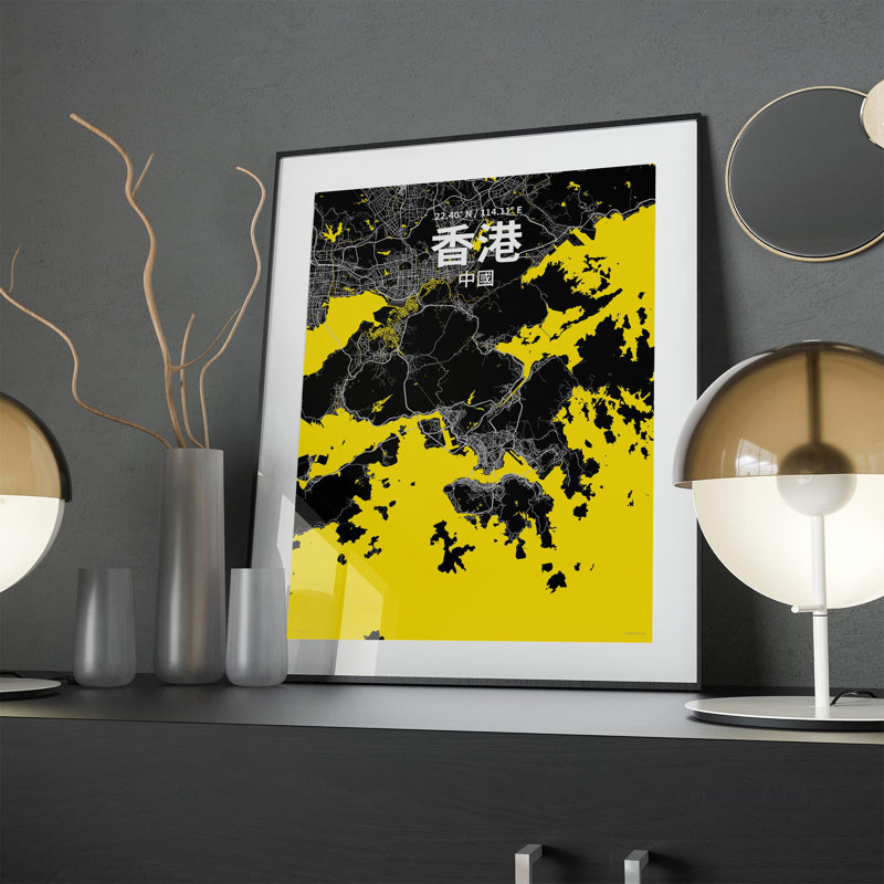 Impression sur carte de la ville de Hong Kong (chinois traditionnel), H 24 po x l 18 po, Noir / Jaune