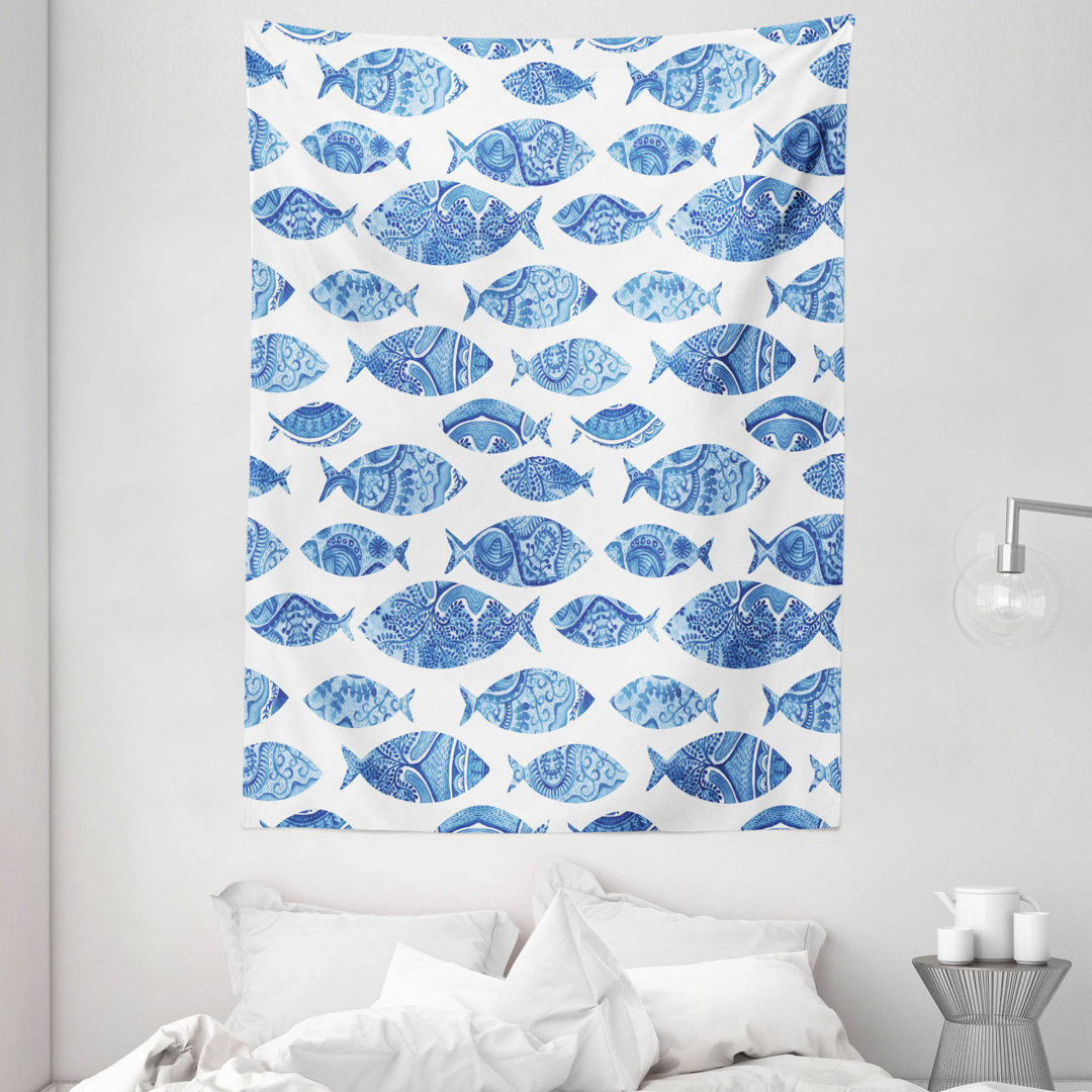 Wandbehang Fisch Meerestier mit Ottomane Ornate Mosaik Hand gezeichnet Stil Marine