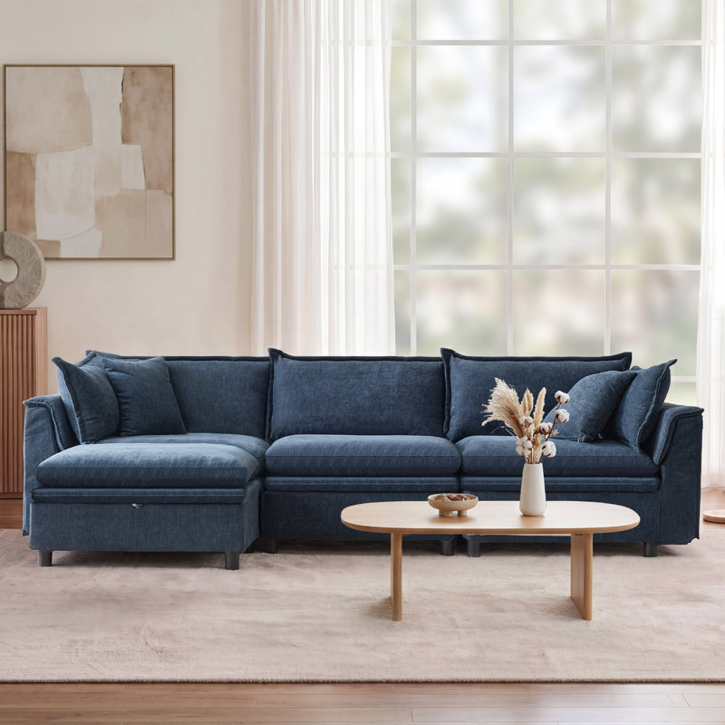113'' Upholstered L-Shape Sectional Cloud Couch With Storage Ottoman, Blue Chenille