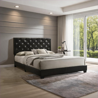 Modern Silhouette Platform Bed, Residential Bedroom Use, Matte Black PU Faux Leather, Full Size, No Box Spring Required With Tufted Headboard