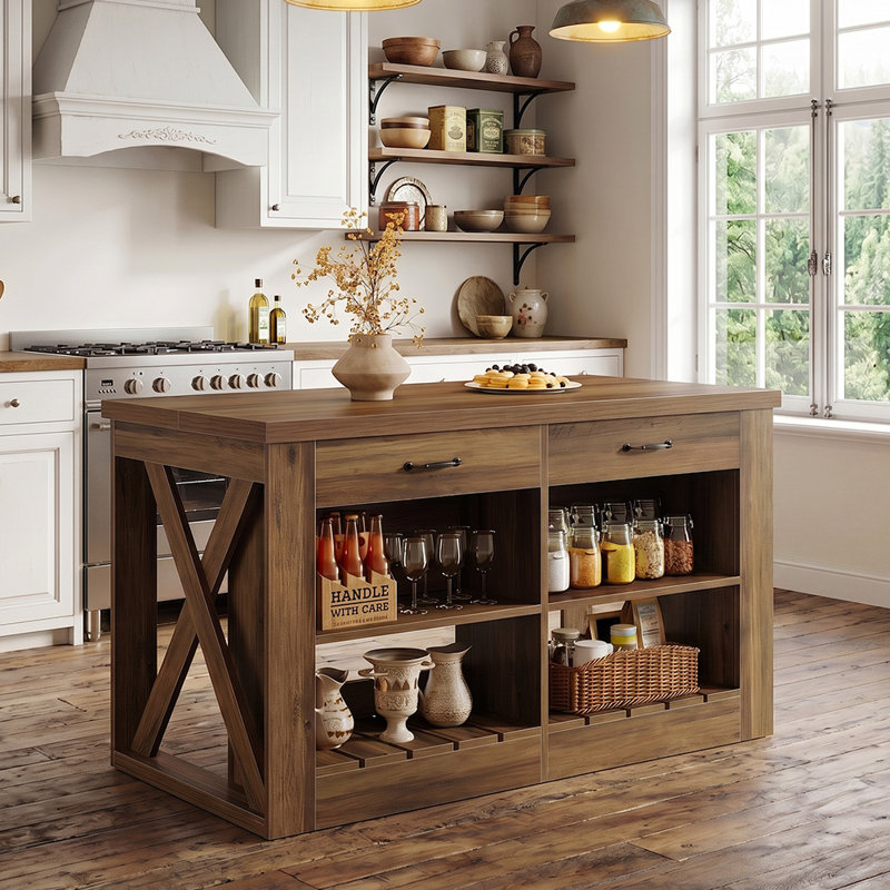 55" Large Kitchen Island with Storage and Shelf
