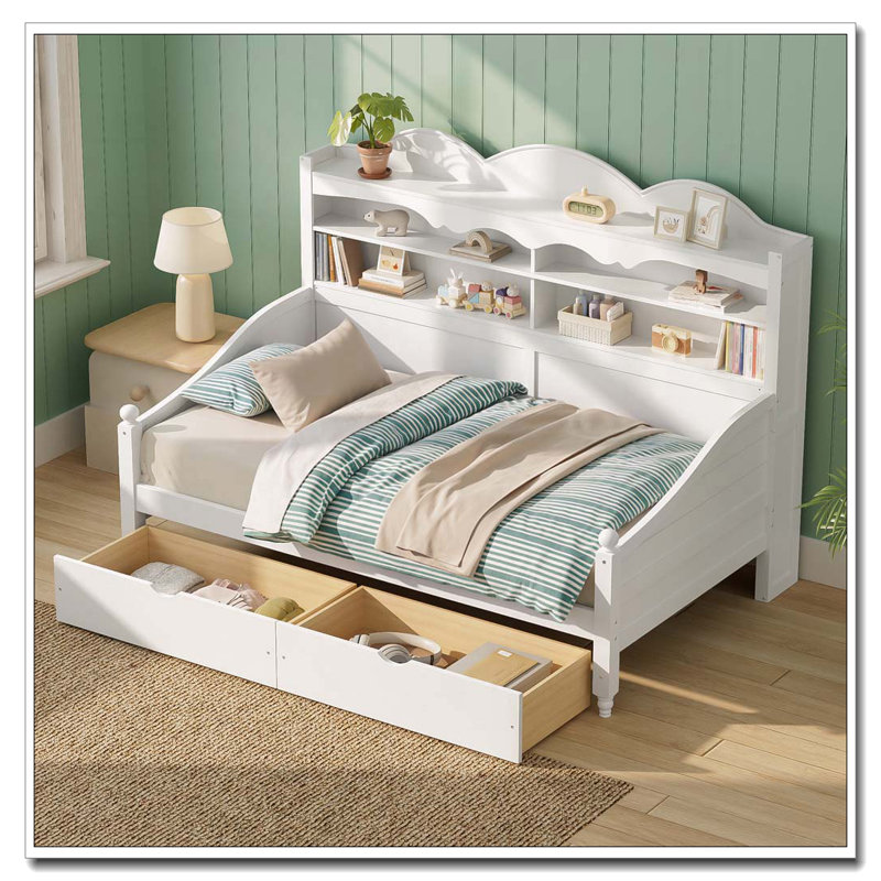 Twin Daybed With Storage Drawers With Storage Headboard Shelving, Blanc