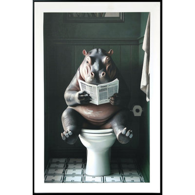 Quirky Hippo Framed Canvas Wall Art - 16" x 24" - Black Frame