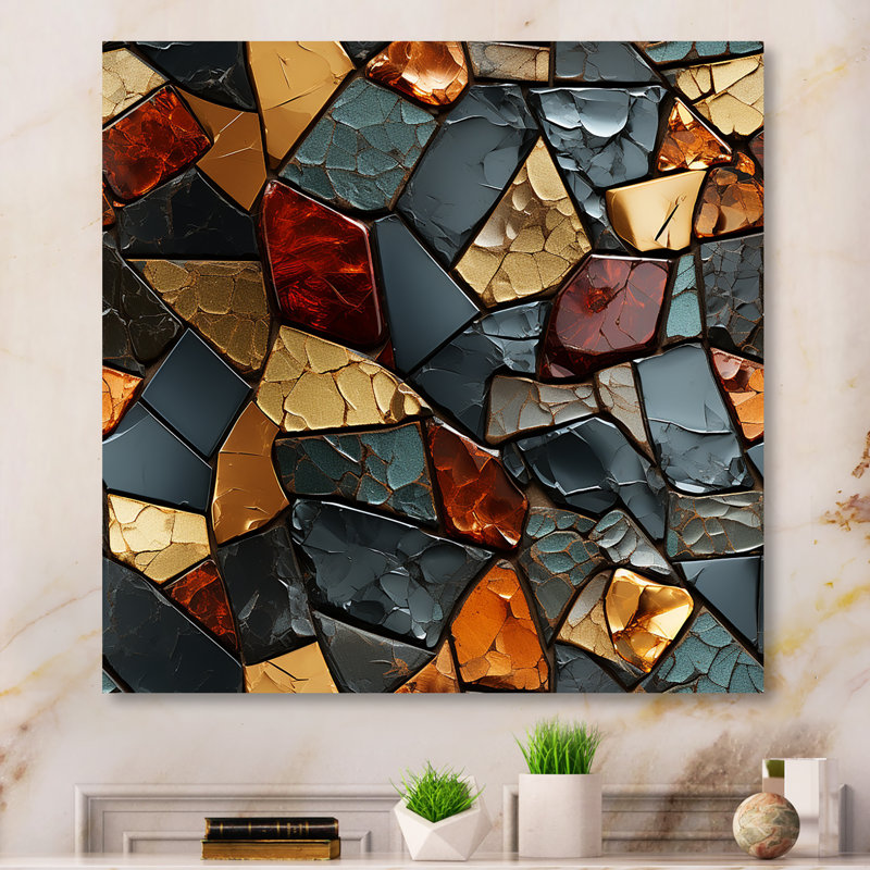 Carreaux de mosaïque dorés et bleus II - tuile abstraite, art mural en métal, H 29 po x l 29 po