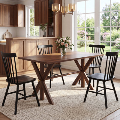 Modern Farmhouse Dining Table Set, 78''Double Trestle Dining Table and Solid Wood Windsor Dining Chair for Kitchen/Dining Room