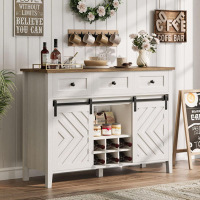 Farmhouse 48" Coffee Bar Cabinet,Kitchen Storage Buffet Cabinet With Sliding Barn Door With 3 Drawers by August Grove