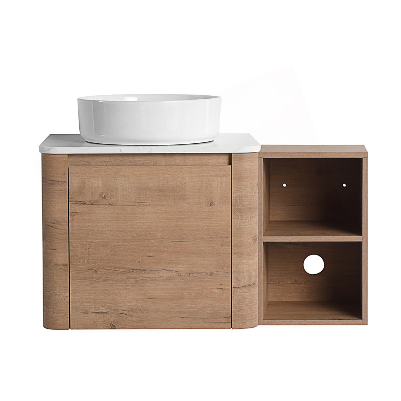 Meuble-lavabo mural avec lavabo d'art en céramique et tablettes de rangement