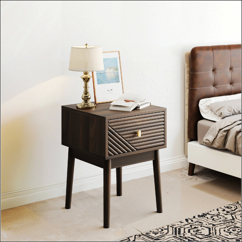Medieval-Modern Style Walnut Bedside Table With Metal Handles, Perfect For Elegant And Functional Bedroom Decor