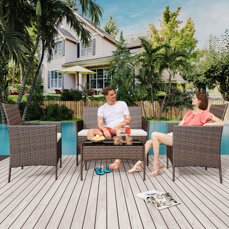 Ensemble de meubles de patio 4 pièces, ensemble de table et chaises en rotin, Beige