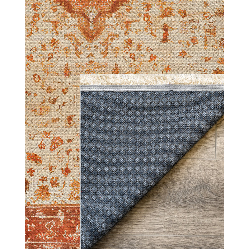Nomadia Collection Digital Print Cotton-Polyester Orange Beige Moroccan Rug, Rectangle 4' x 6'7"