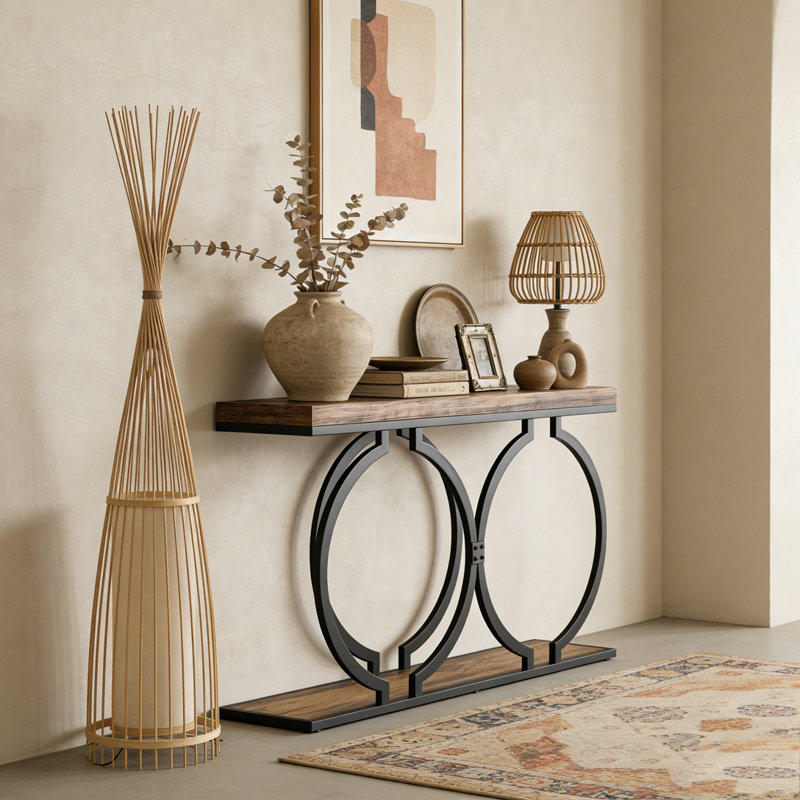 Narrow Console Table Entryway Sofa Table with Geometric Metal Frame, Rustic Brown & Black