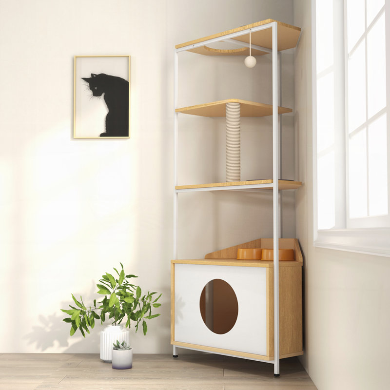 Tour d'angle pour chat, arbre à chat avec poteau à griffer, maisonnette pour chat avec station d'alimentation et plateforme d'escalade