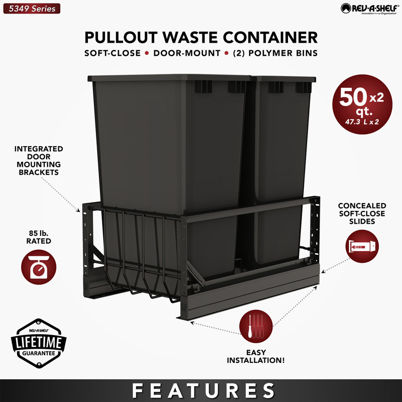 Rev-A-Shelf Double Pullout 50 qt. Kitchen Trash Can, Soft-Close, 5349-2150DM-218