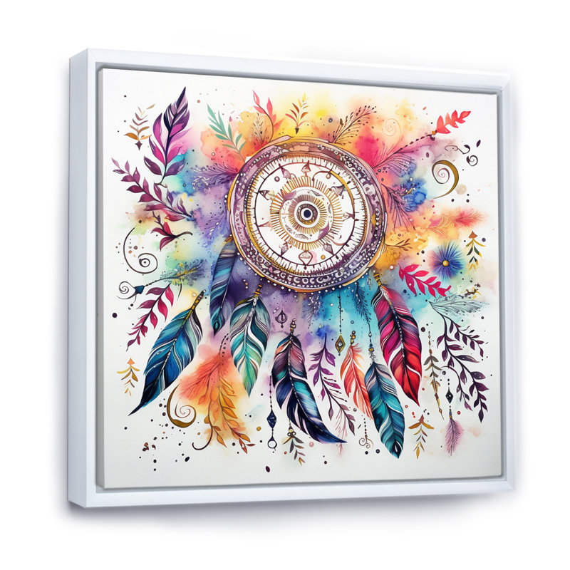 Rainbow Boho Dreamcatcher, aquarelle encadrée sur toile, H 16 po x l 16 po x P 1 po, Cadre flottant blanc