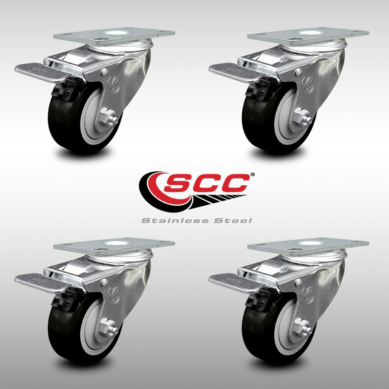 3 Inch SS Maroon Polyurethane Top Plate Caster Set Total Lock Brake SCC, Black