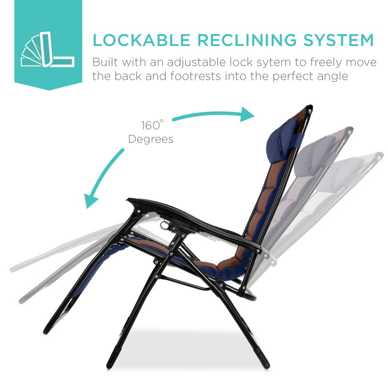 Danny-James Oversized Padded Zero Gravity Chair, Folding Outdoor Patio Recliner w/ Side Tray, Navy/Brown