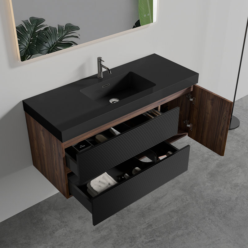 Meuble-lavabo Grace de 48 po en noyer avec lavabo en quartz noir mat et tiroirs noirs et porte, meuble-lavabo mural flottant pour salle de bain moderne, lavabo noir mat, pré-assemblé