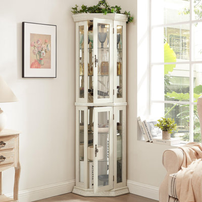 Vitrine de coin lumineuse avec tablette en verre avec portes en verre trempé, tablettes réglables et ampoule à perles incluse - armoire de bar idéale pour la décoration intérieure - BLANC