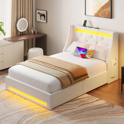 Structure de lit avec lumières DEL, lit de rangement à oreilles tapissier avec prises intégrées et 4 tiroirs