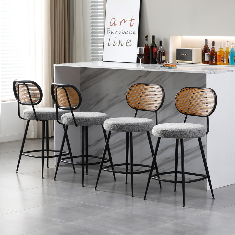 Counter Stool With Rattan Back, Gray, 4
