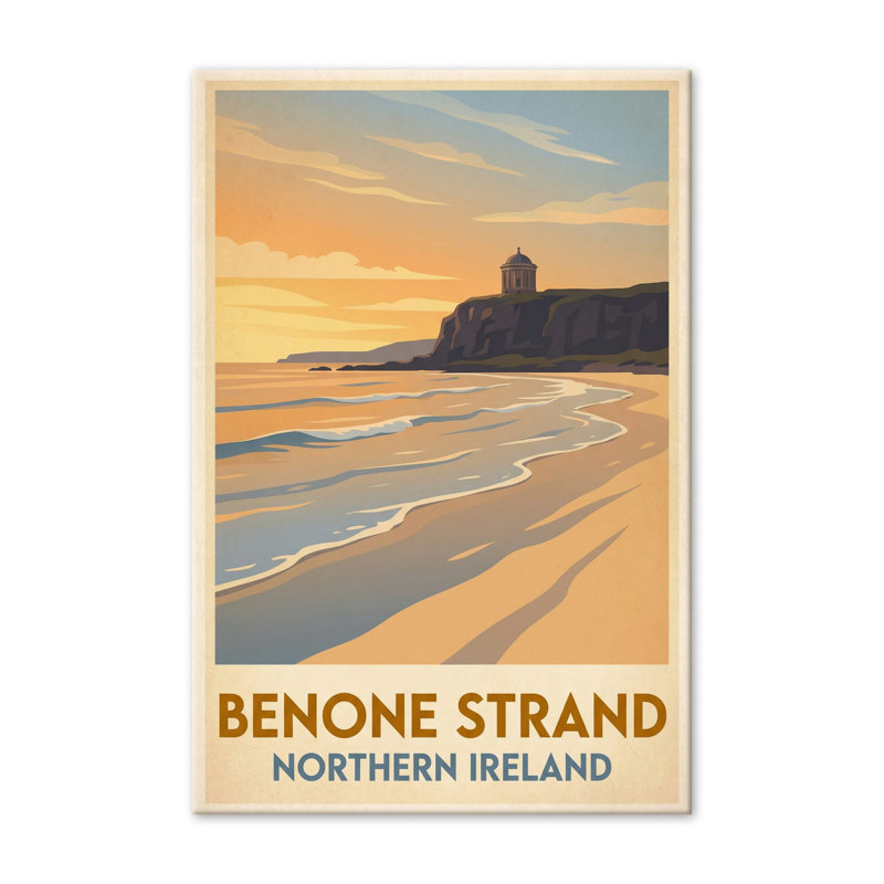 Benone Strand, Northern Ireland - Romantic Coastal Travel Poster With Mussenden Temple. Giclee Print On Wrapped Canvas. Wall Art, Home Decor - Natural Landmarks, Northern Ireland - Wrapped Canvas Print