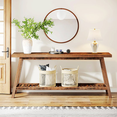 Console, table d'entrée en bois avec tablette de rangement ouverte